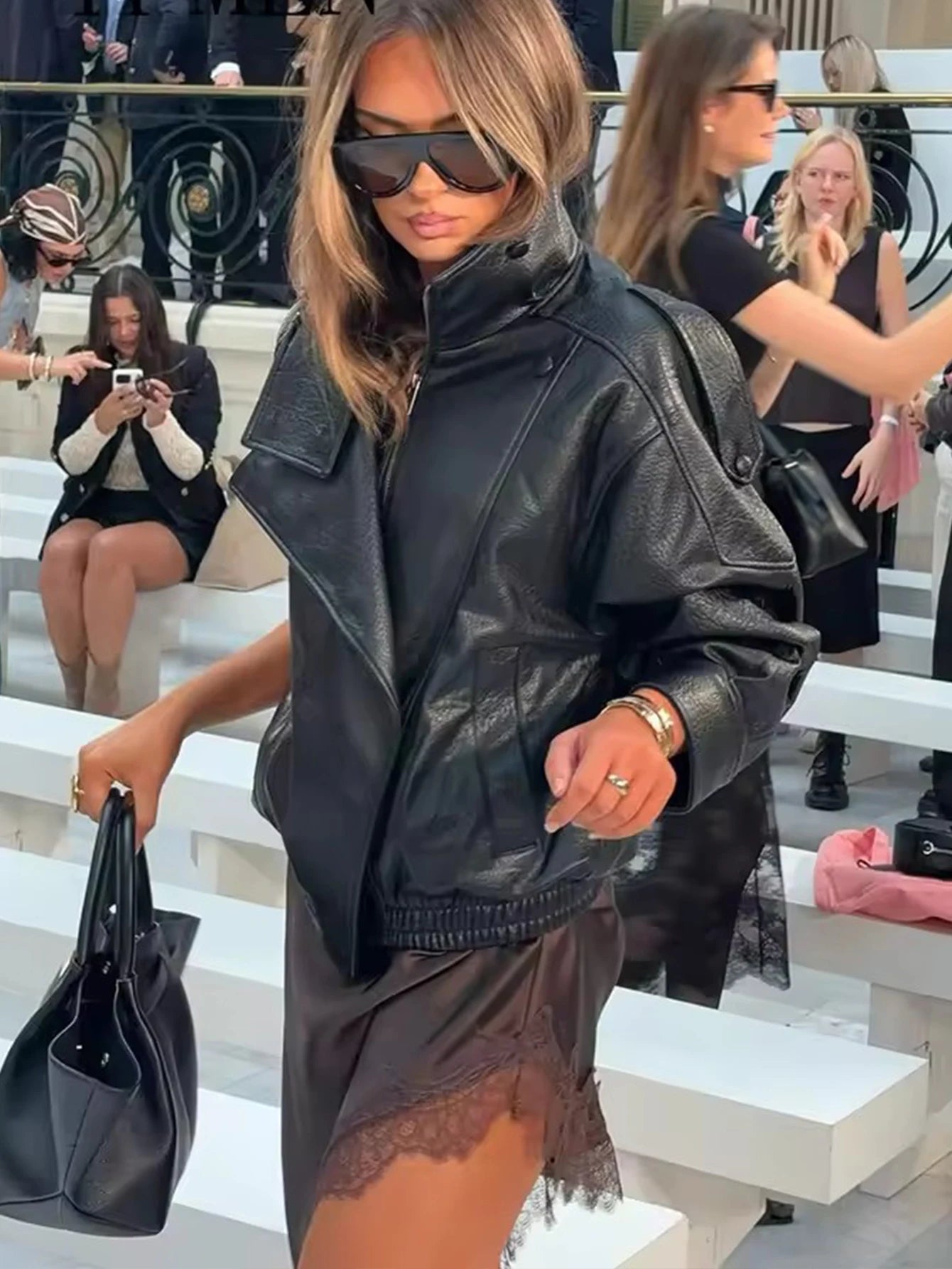 Black Streetwear Faux Leather Jacket