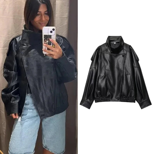 Black Streetwear Faux Leather Jacket