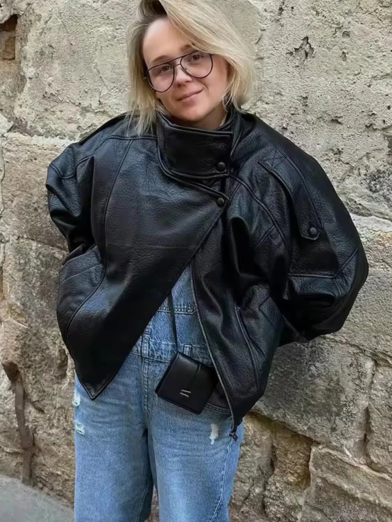 Black Streetwear Faux Leather Jacket